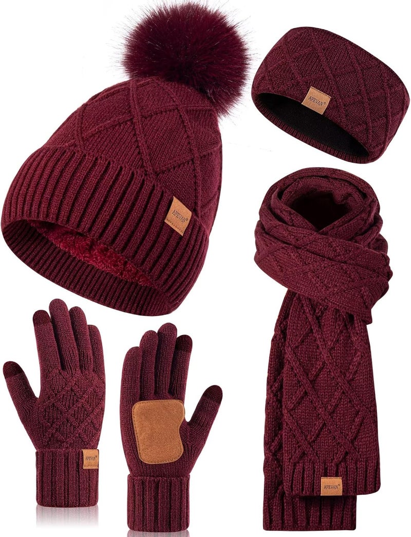 APEVAN Womens Winter Hat Gloves Scarf Headband Set, Pom Pom Beanie Long Scarf Touchscreen Gloves Ear Warmer, 4 in 1 Warm Gift Set - Image 1